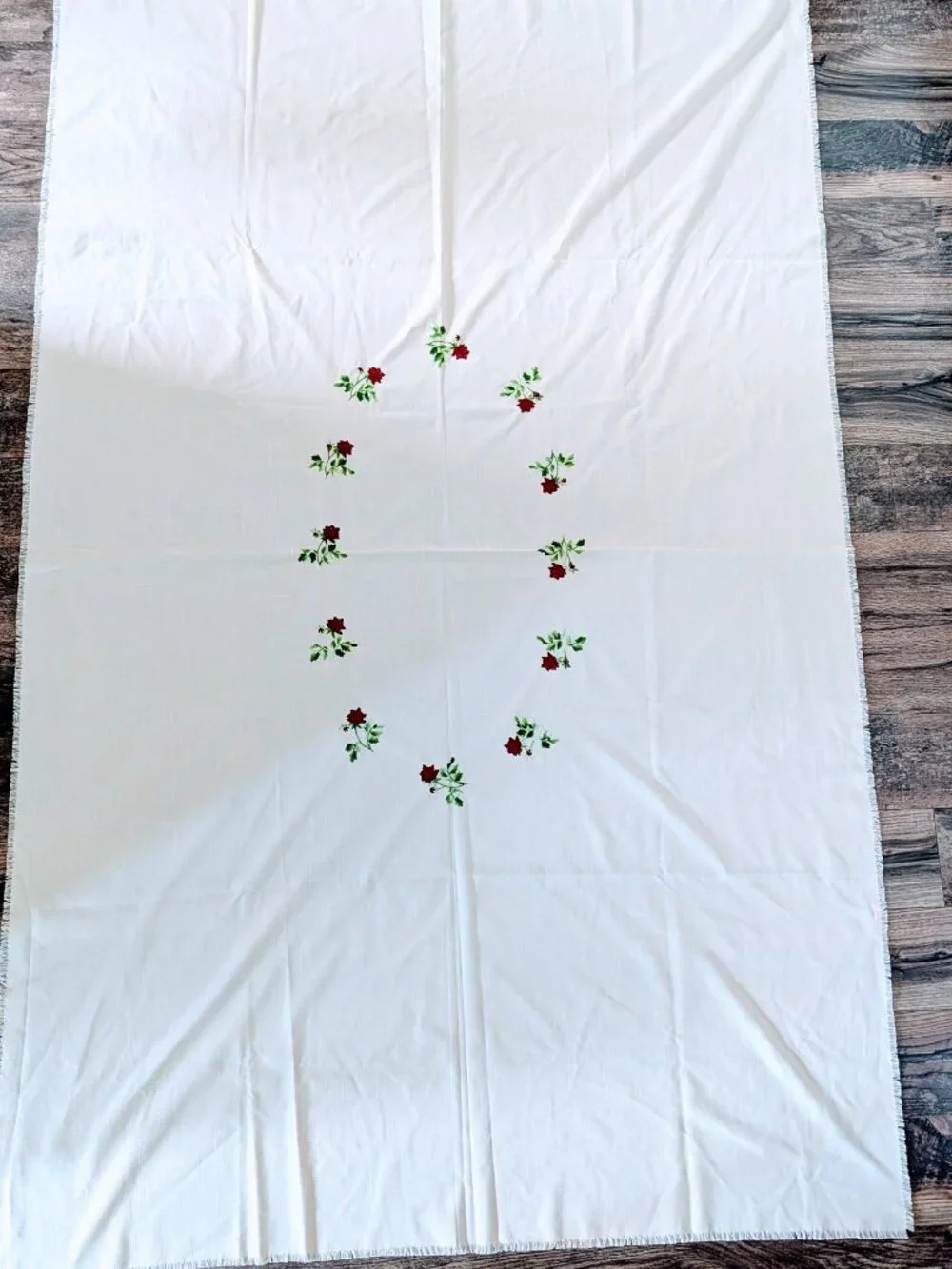 VTG Rose Cross Stitch Linen Tablecloth 84x55 Cream Fringe Cottagecore 80s